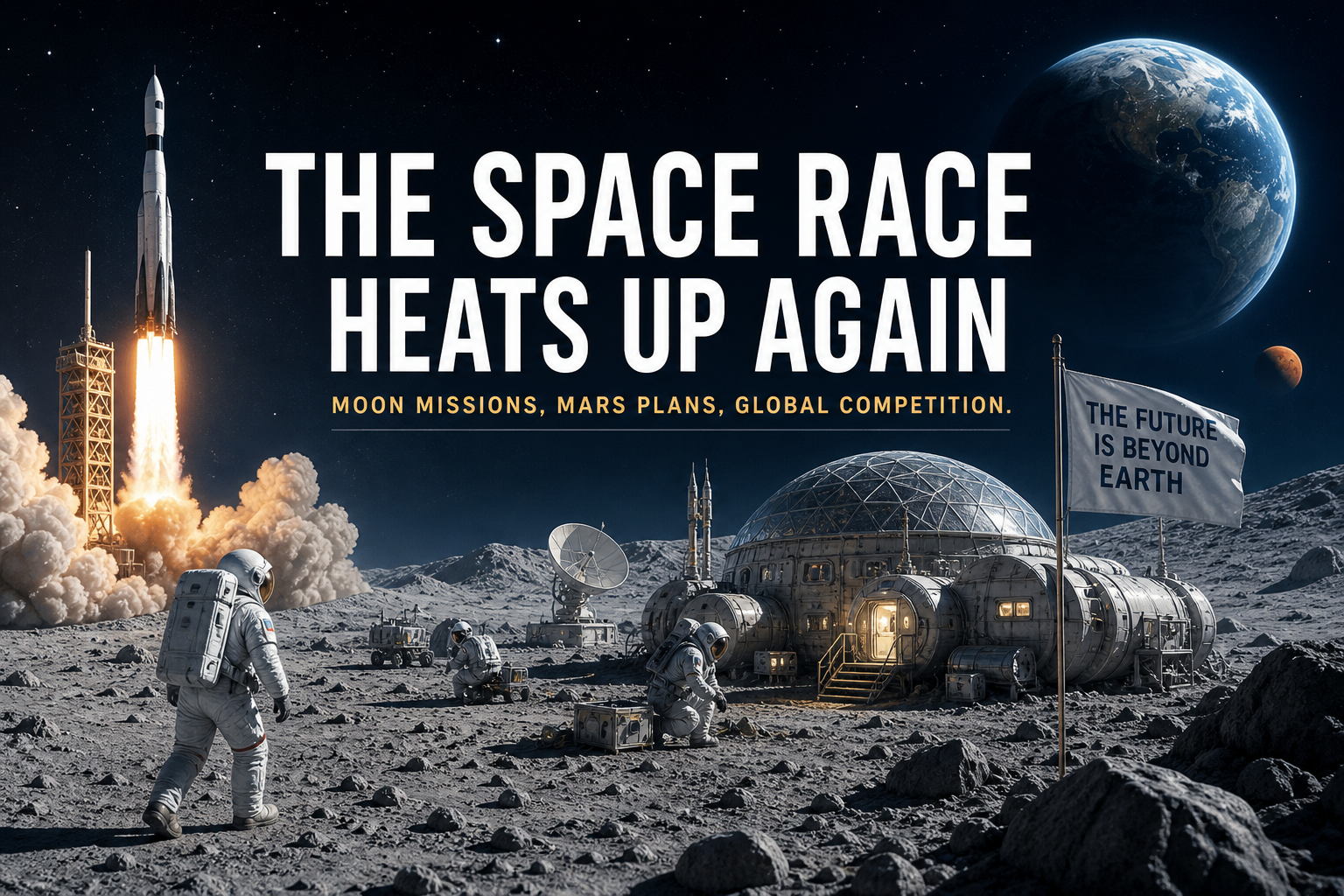 Space Race 2026 global competition with rocket launch and future space exploration concept